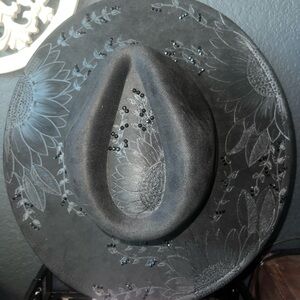 Black wide brim, suede hat with black rhinestone gems